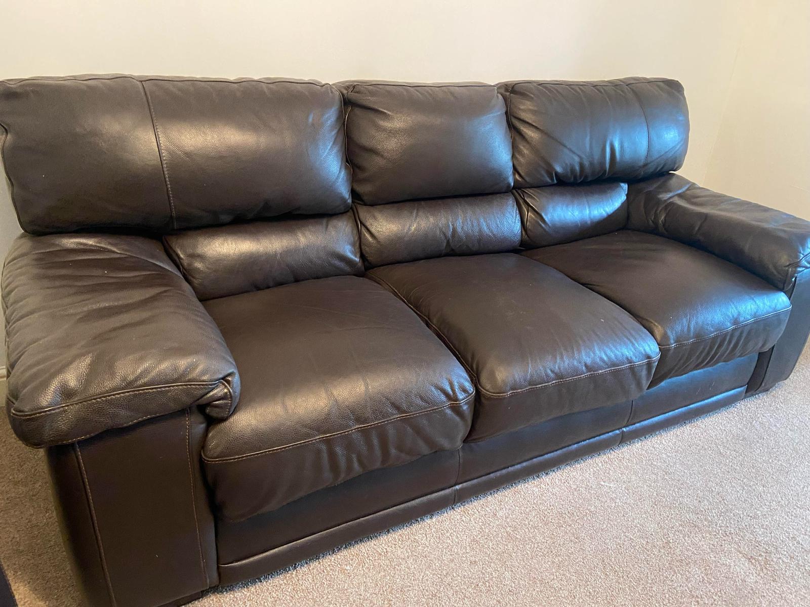 Fully restored 3 piece leather sofa after TFRC’s repairs, featuring new foam and leather colour match refresh throughout